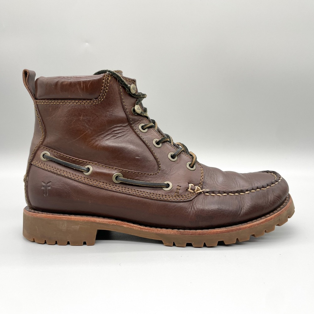 Frye Mens 9 D Brown Leather Moc Toe Chukka Boots Lace Up Lug Sole Rugged Cabin